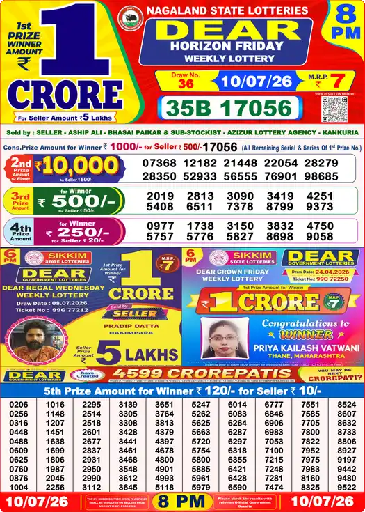 Dear Lottery Result Today 8 PM 10 July 2026
