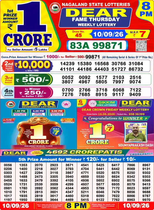 Dear Lottery Result 8 PM 10 September 2026