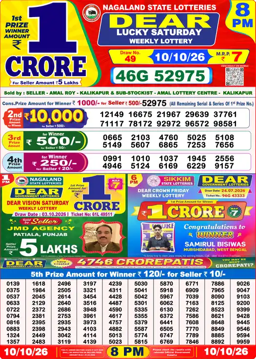 Dear Lottery Result Yesterday 8 PM 10 October 2026