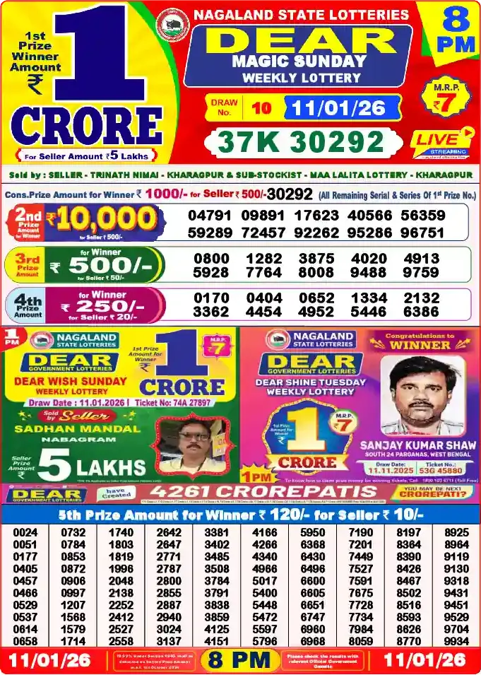 Lottery Sambad 11.01.26 Dear Lottery 8 PM January 11, 2026