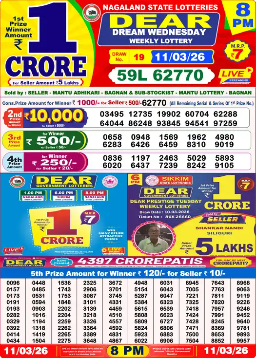 Lottery Sambad 11.03.26 Dear Lottery 8 PM March 11, 2026