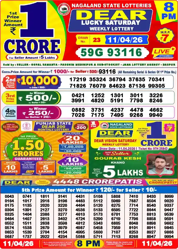 Lottery Sambad 11.04.26 Dear Lottery 8 PM April 11, 2026
