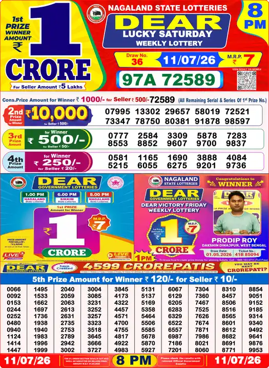 Dear Lottery Result Today 8 PM 11 July 2026