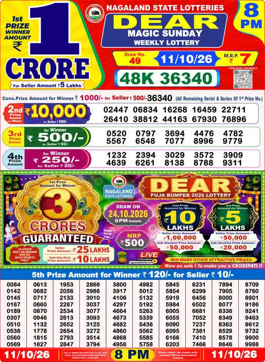 Dear Lottery Result Yesterday 8 PM 11 October 2026