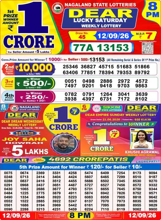Dear Lottery Result Yesterday 8 PM 12 September 2026