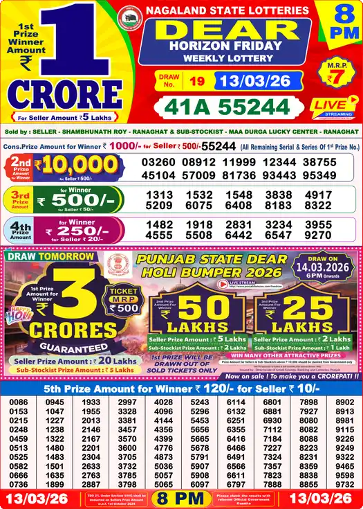 Lottery Sambad 13.03.26 Dear Lottery 8 PM March 13, 2026