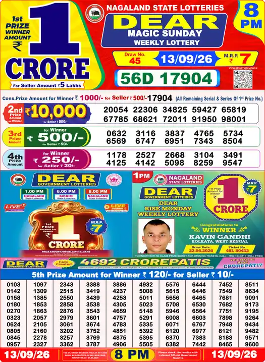 Dear Lottery Result 8 PM 13 September 2026
