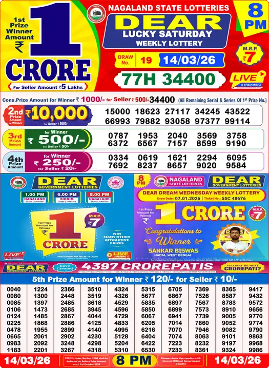 Lottery Sambad 14.03.26 Dear Lottery 8 PM March 14, 2026