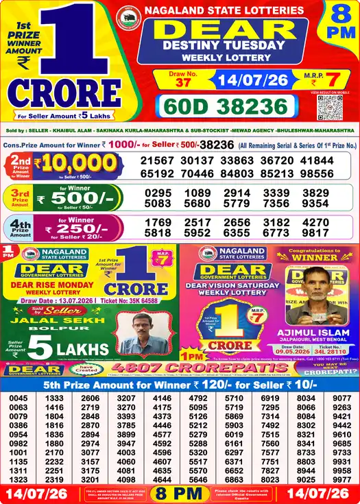 Dear Lottery Result Yesterday 8 PM 14 July 2026