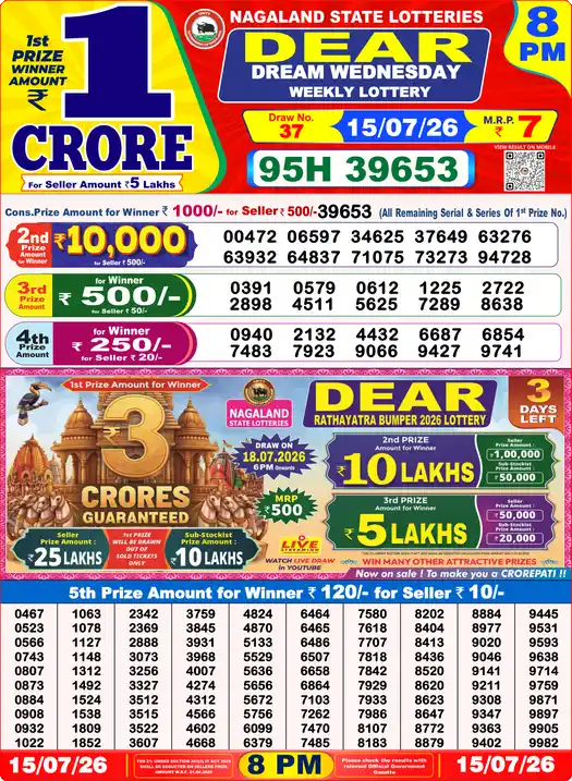 Lottery Sambad 15.07.26 Dear Lottery 8 PM July 15, 2026