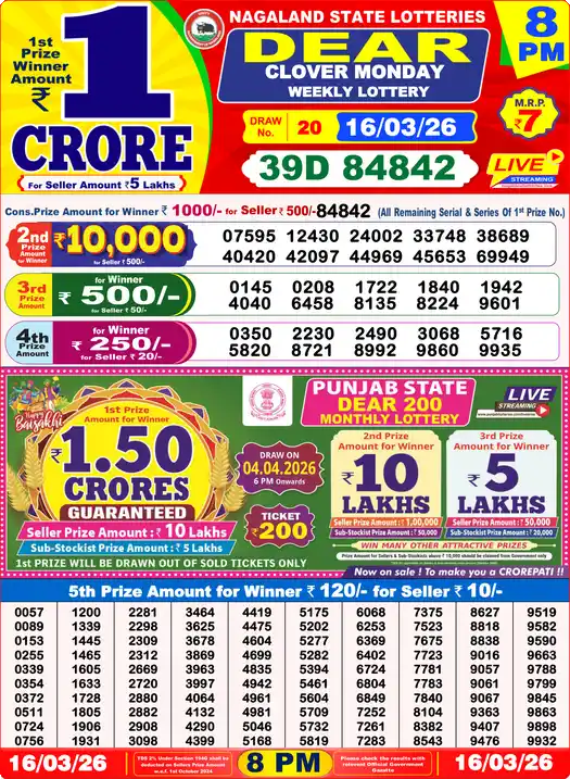 Lottery Sambad 16.03.26 Dear Lottery 8 PM March 16, 2026
