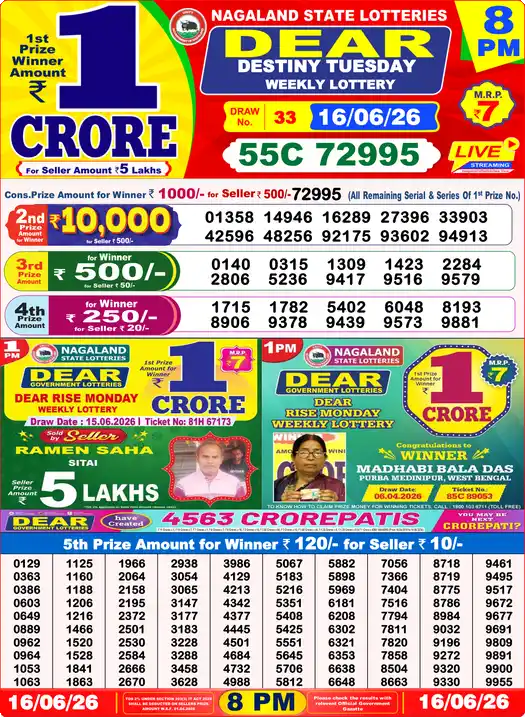 Dear Lottery Result Today 8 PM 16 June 2026