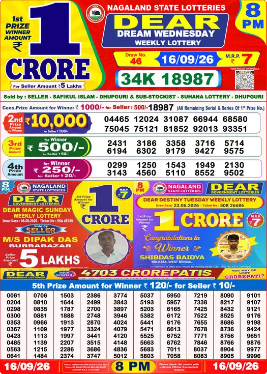 Dear Lottery Result 8 PM 16 September 2026