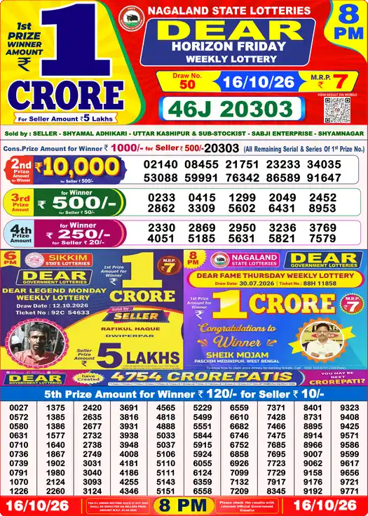 Dear Lottery Result Yesterday 8 PM 16 October 2026