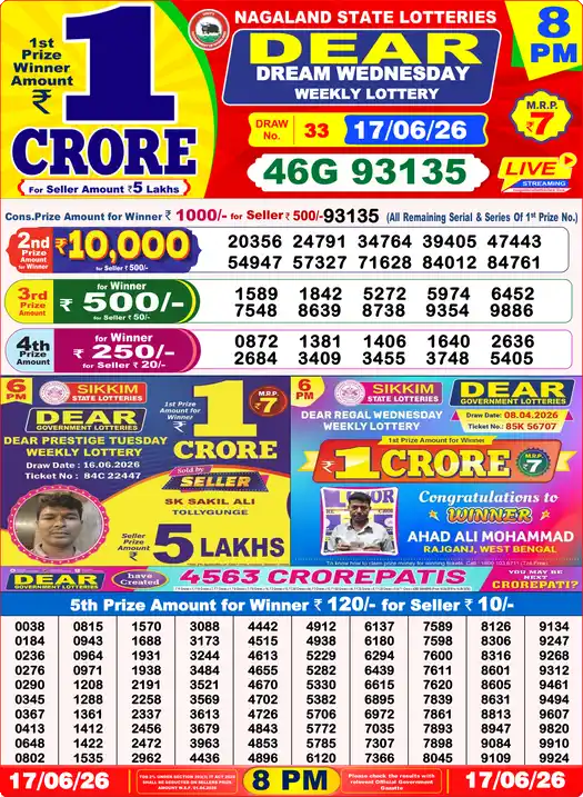Dear Lottery Result Today 8 PM 17 June 2026