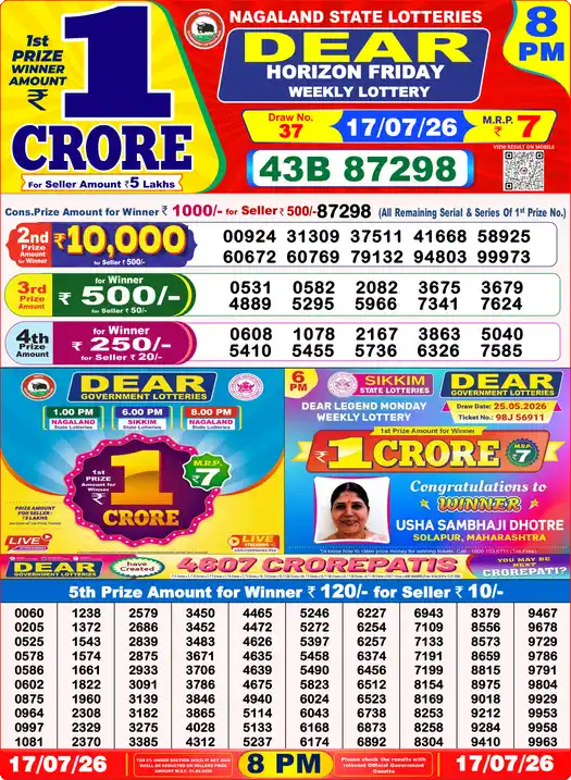 Dear Lottery Result Yesterday 8 PM 17 July 2026