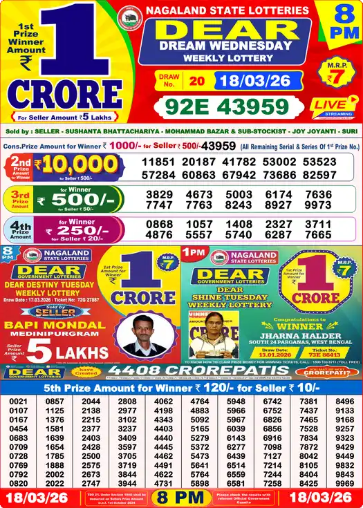 Lottery Sambad 18.03.26 Dear Lottery 8 PM March 18, 2026