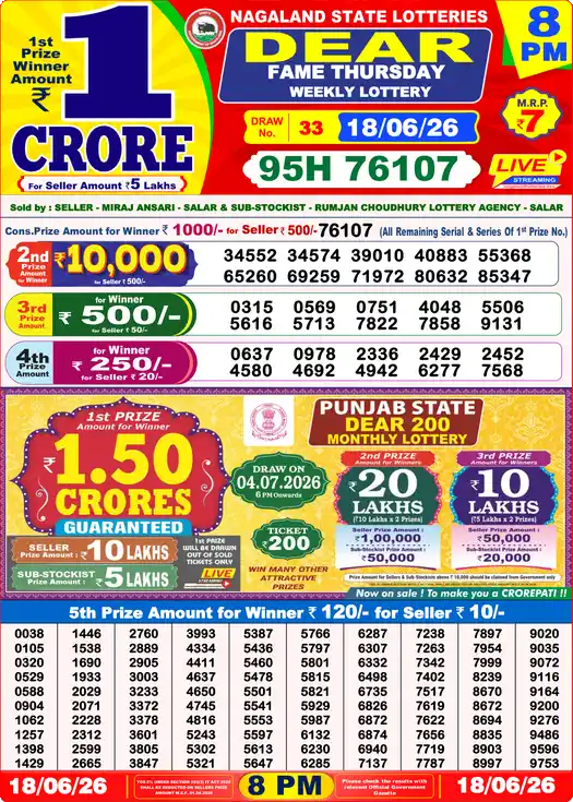 Dear Lottery Result Today 8 PM 18 June 2026