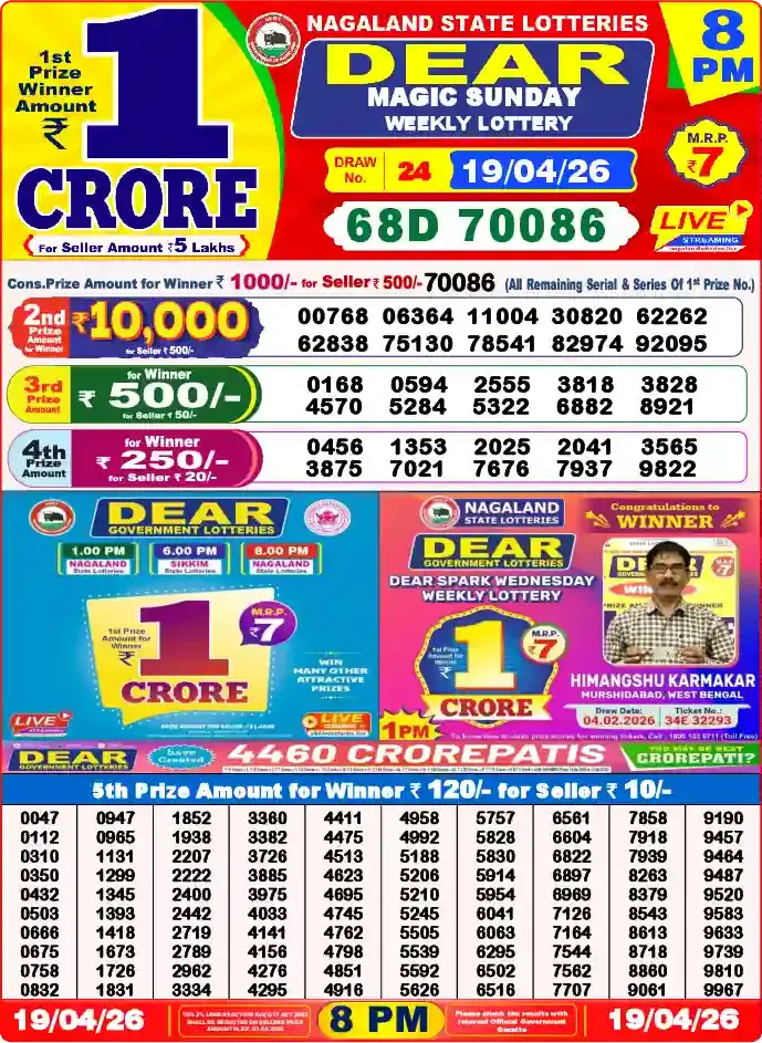 Lottery Sambad 19.04.26 Dear Lottery 8 PM April 19, 2026