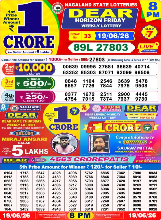 Dear Lottery Result Today 8 PM 19 June 2026