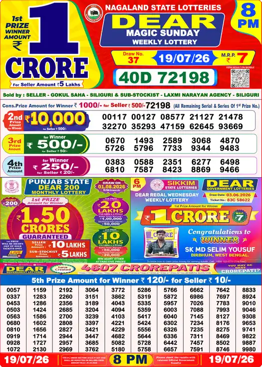 Dear Lottery Result Yesterday 8 PM 19 July 2026