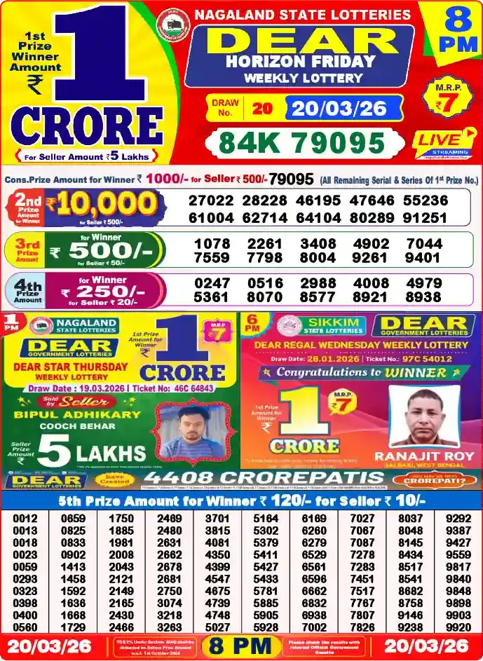 Lottery Sambad 20.03.26 Dear Lottery 8 PM March 20, 2026