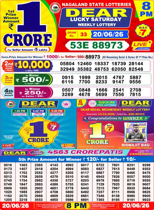 Dear Lottery Result Today 8 PM 20 June 2026
