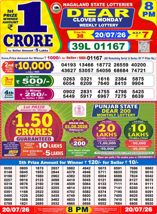 Dear Lottery Result Yesterday 8 PM 20 July 2026