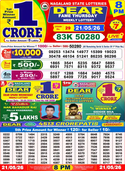 Dear Lottery Result Today 8 PM 21 May 2026