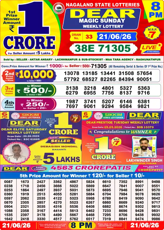 Dear Lottery Result Today 8 PM 21 June 2026