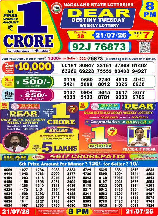 Dear Lottery Result Yesterday 8 PM 21 July 2026