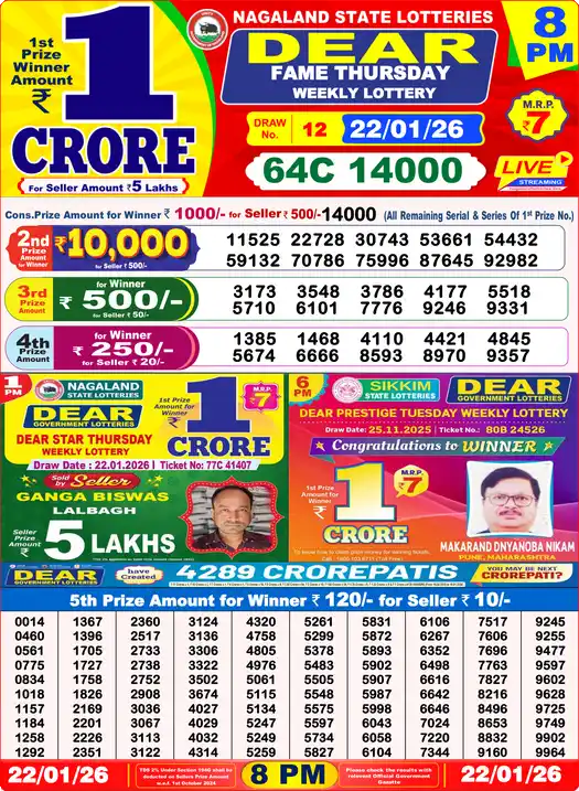 Lottery Sambad 22.01.26 Dear Lottery 8 PM January 22, 2026