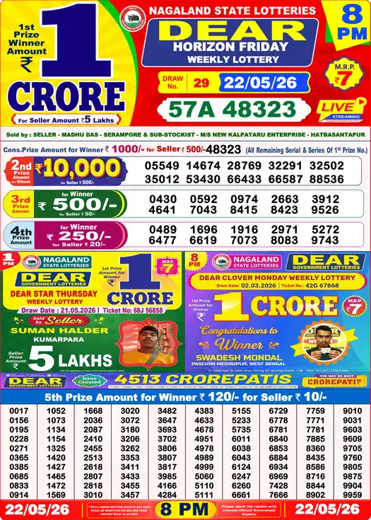 Dear Lottery Result Yesterday 8 PM 22 May 2026