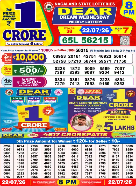 Dear Lottery Result Yesterday 8 PM 22 July 2026