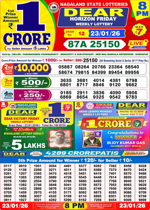 Lottery Sambad 23.01.26 Dear Lottery 8 PM January 23, 2026