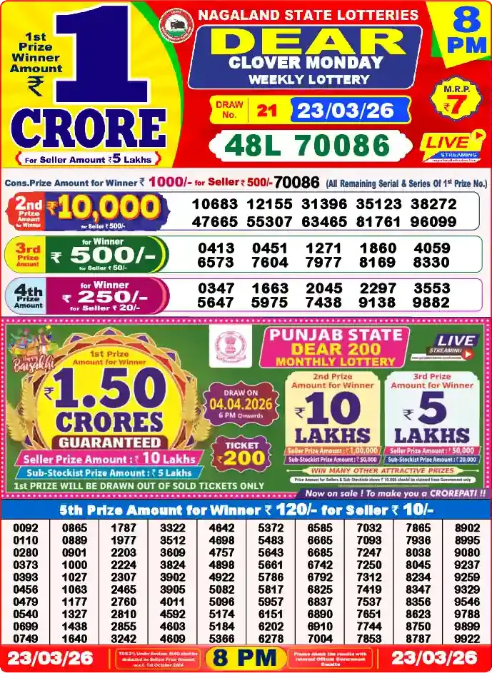 Lottery Sambad 23.03.26 Dear Lottery 8 PM March 23, 2026