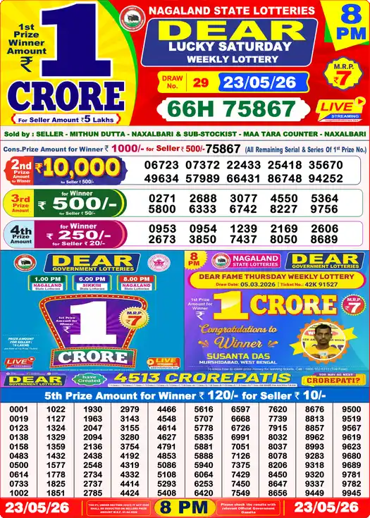 Dear Lottery Result Yesterday 8 PM 23 May 2026