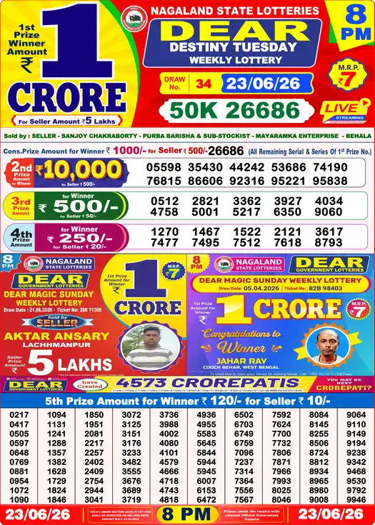Dear Lottery Result Today 8 PM 23 June 2026