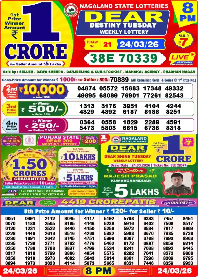 Lottery Sambad 24.03.26 Dear Lottery 8 PM March 24, 2026