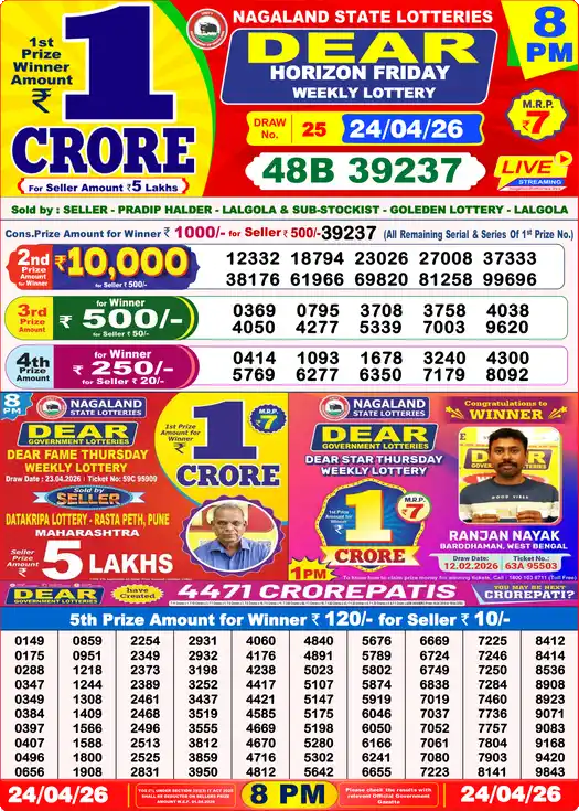 Lottery Sambad 24.04.26 Dear Lottery 8 PM April 24, 2026