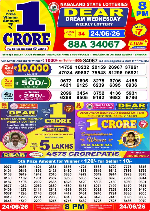 Dear Lottery Result Today 8 PM 24 June 2026
