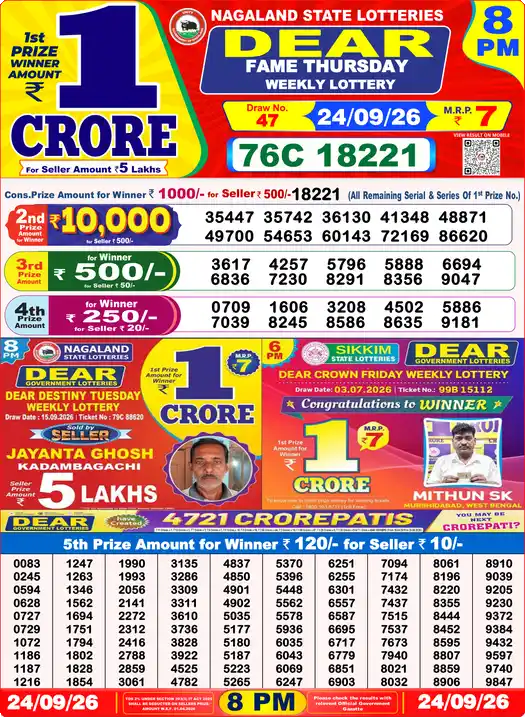 Dear Lottery Result Yesterday 8 PM 24 September 2026