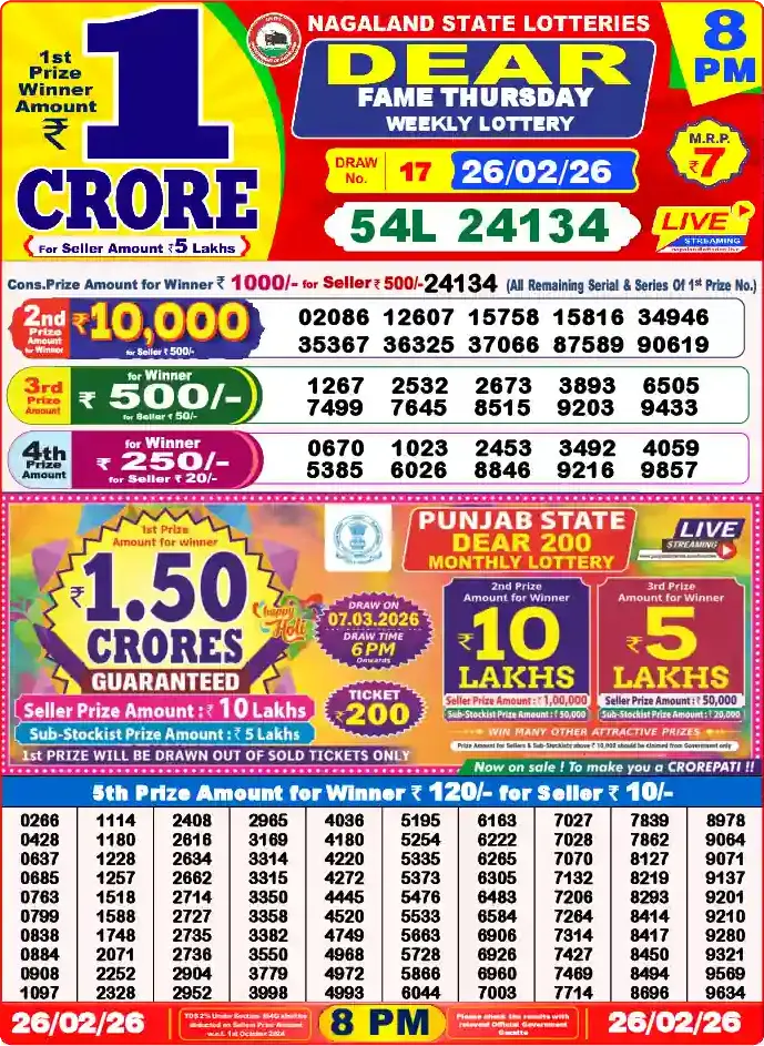 Lottery Sambad 26.02.26 Dear Lottery 8 PM February 26, 2026