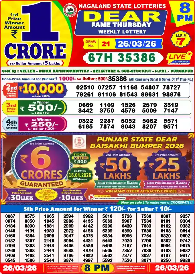 Lottery Sambad 26.03.26 Dear Lottery 8 PM March 26, 2026