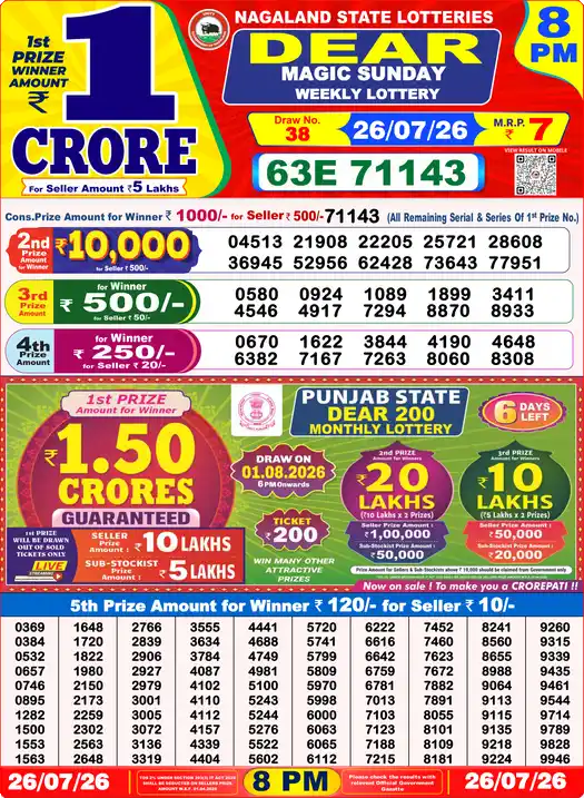 Dear Lottery Result Yesterday 8 PM 26 July 2026