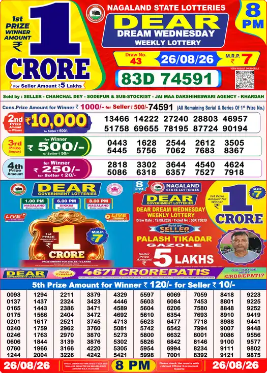 Dear Lottery Result Yesterday 8 PM 26 August 2026