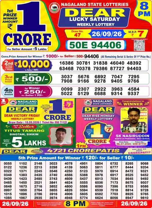 Dear Lottery Result Yesterday 8 PM 26 September 2026