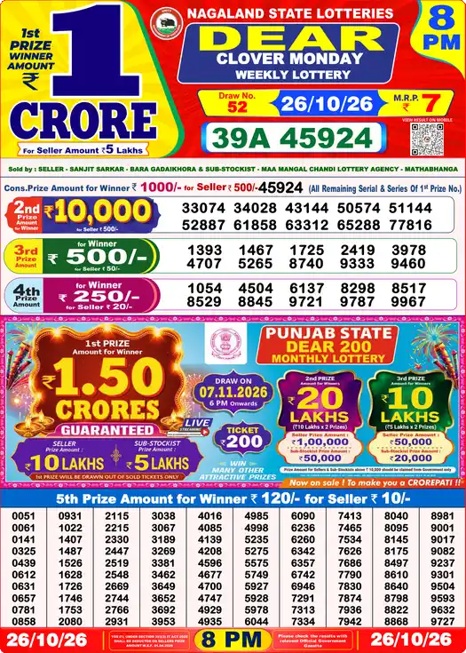 Dear Lottery Result 8 PM 26 October 2026