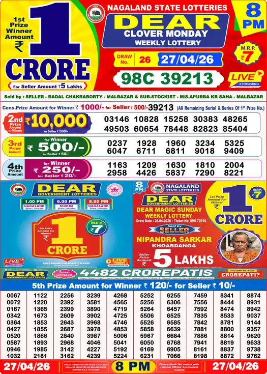 Lottery Sambad 27.04.26 Dear Lottery 8 PM April 27, 2026