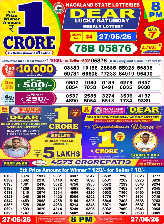 Dear Lottery Result 8:00 PM 27/06/26